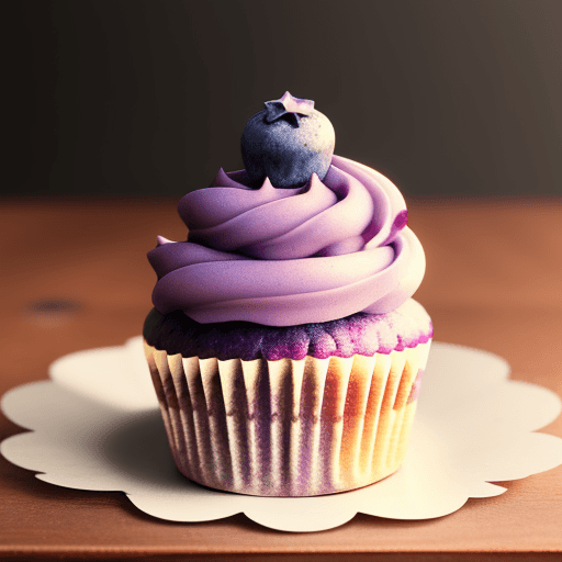 AI generated: a blueberry cupcake on a   have candy on top of it
 wooden tabble