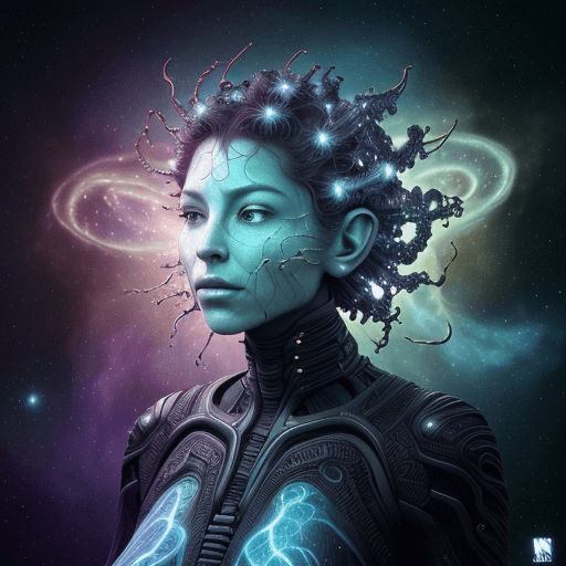 AI generated: Prompt: waist up portrait of intricate organic nebula neural clothes on alien with nebula galaxy for...