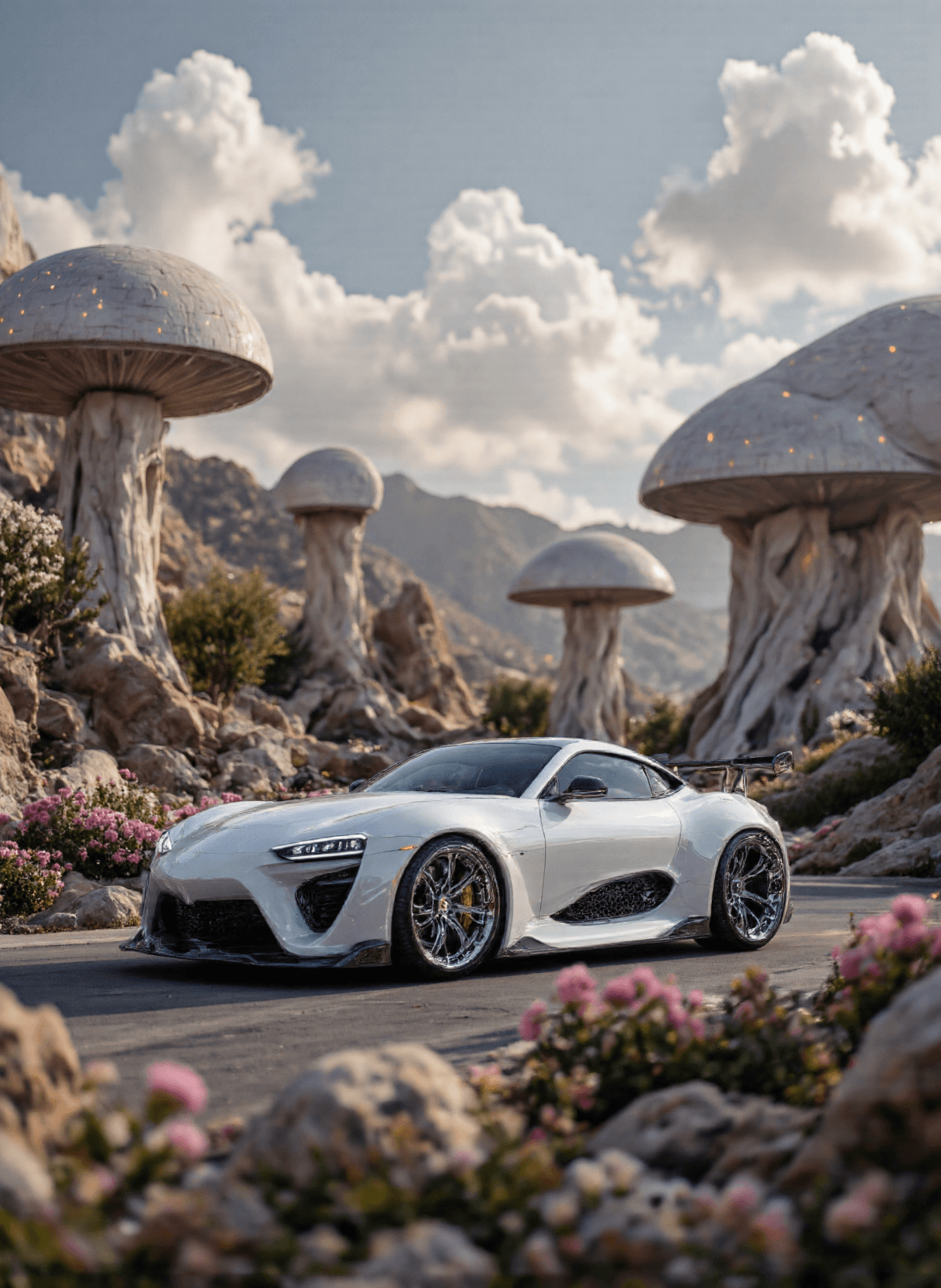 AI generated: The image depicts a futuristic scene featuring a sleek white sports car parked amidst an otherworldl...