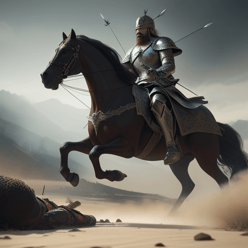AI generated: two kings facing each other in the middle of battle using swords, horses and arrows, a large army be...