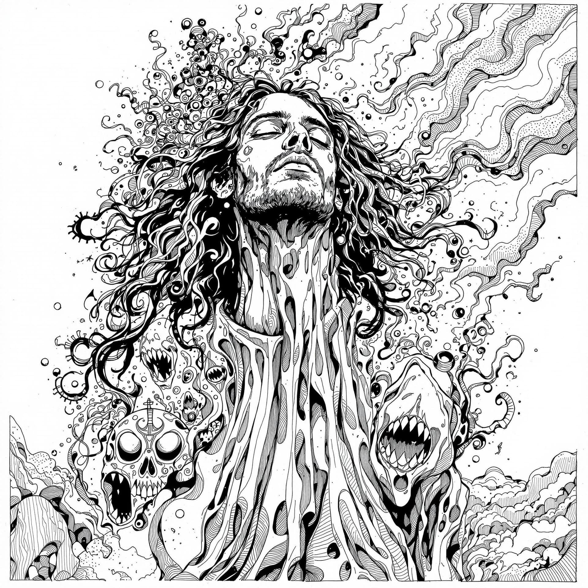 AI generated: A hippie and his girlfriend pen and ink sketch from, the 60's of the two of them rising up from the ...