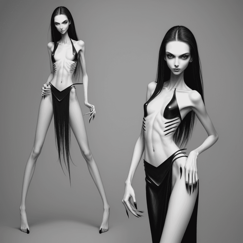 AI generated: photo of face an extremely skinny, flat-chested model with very elongated long nails,  claws placed ...