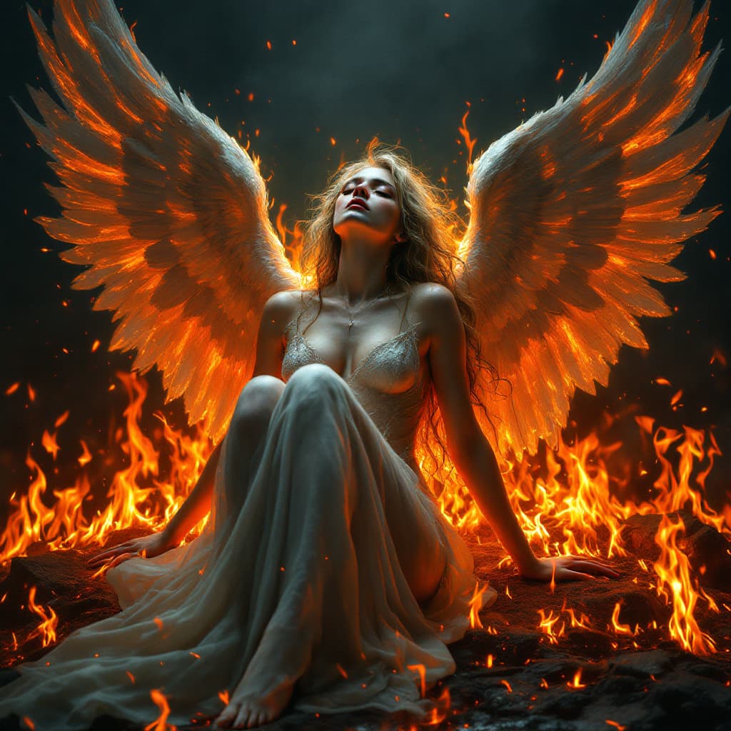 AI generated: Portrait. A beautiful fallen angel surrounded by fiery flames in hell. Portrait. Deep, emotional, th...