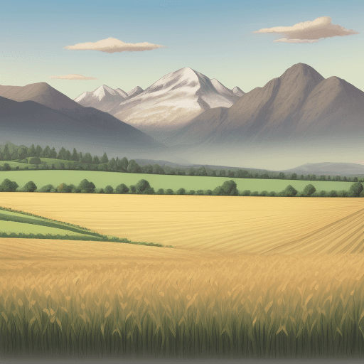 AI generated: cartoon sown  field with mountains in the background 
