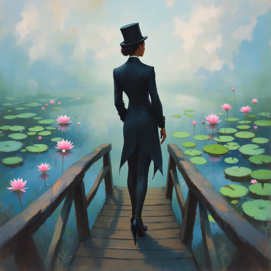 AI generated: full-body image of a tall, elegant, biracial woman in a vintage, three-piece suit and top hat, stand...
