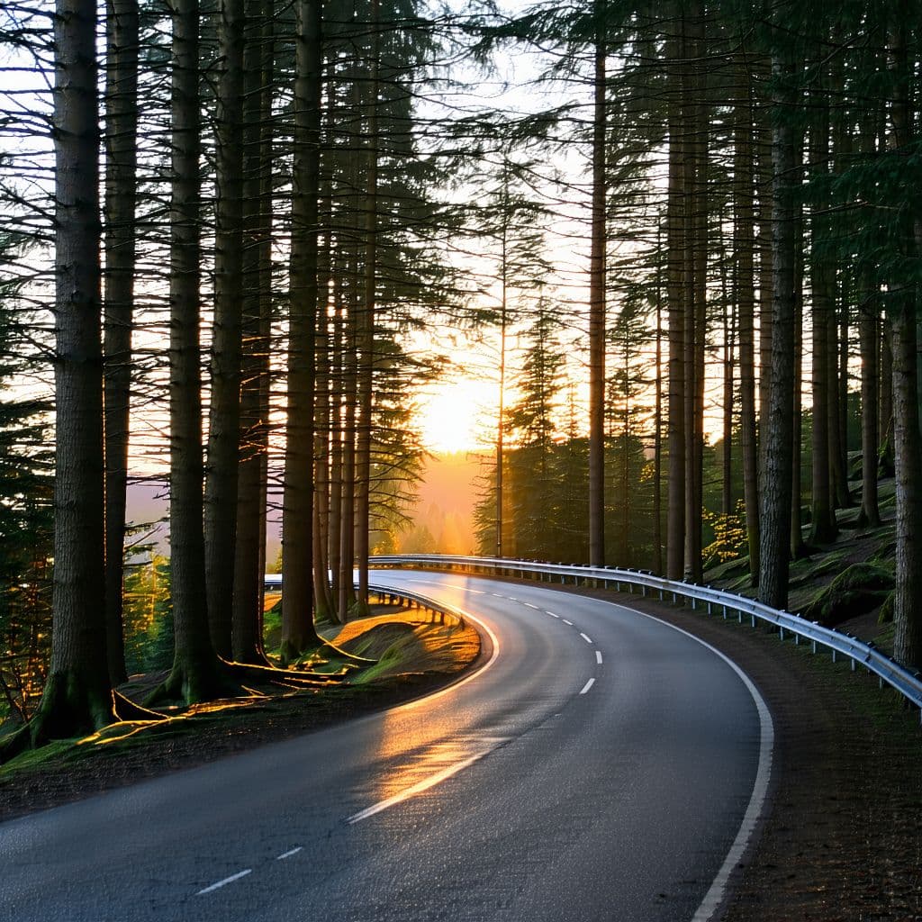 AI generated: arafed view of a winding road in the woods with the sun setting, a picture by Martin Benka, pinteres...