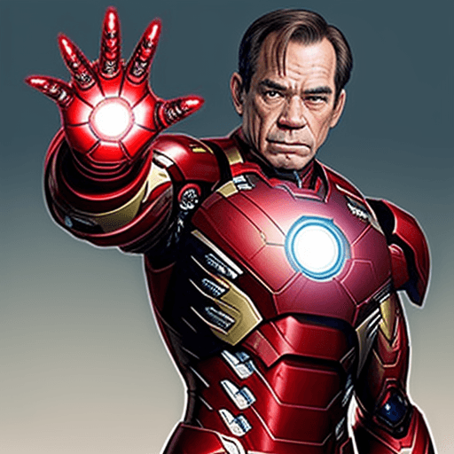 AI generated: TOMMY LEE JONES IN IRON MAN SUIT BUT THE COLOUR IS RED,WHITE AND BLUE LIKE THE AMERICAN FLAG 
