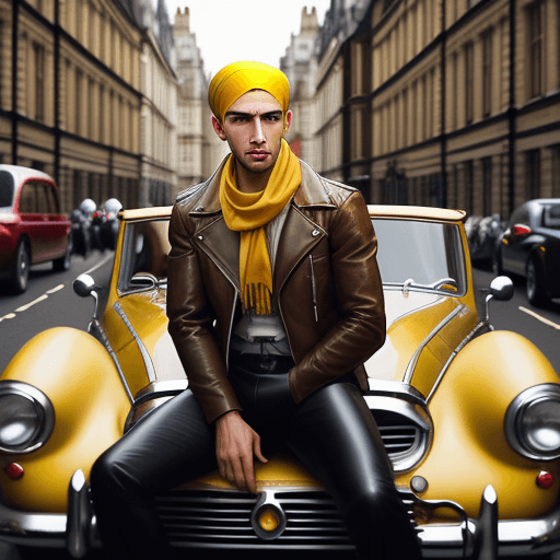 AI generated: Brown and yellow street photography of an attractive man in leather jacket with headscarf sitting in...