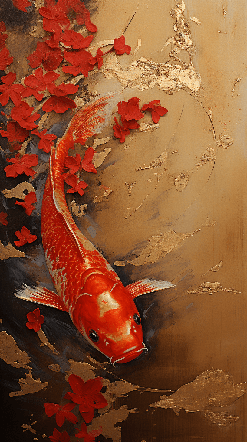 AI generated: an abstract picture of a koi fish, in the style of gold leaf overlay, criterion collection, close-up...