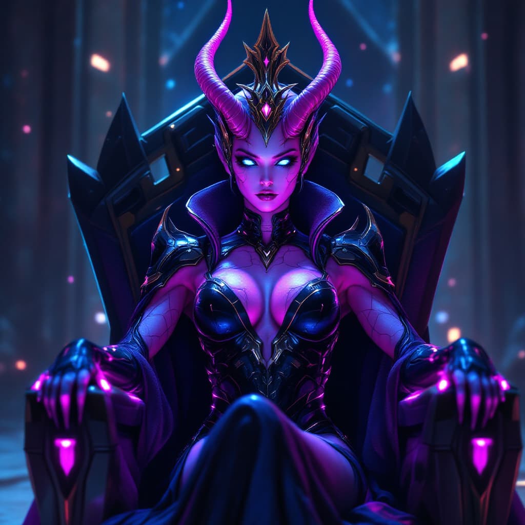 AI generated: A powerful and regal female villain, inspired by Cell, seated confidently on a grand throne. Her vib...