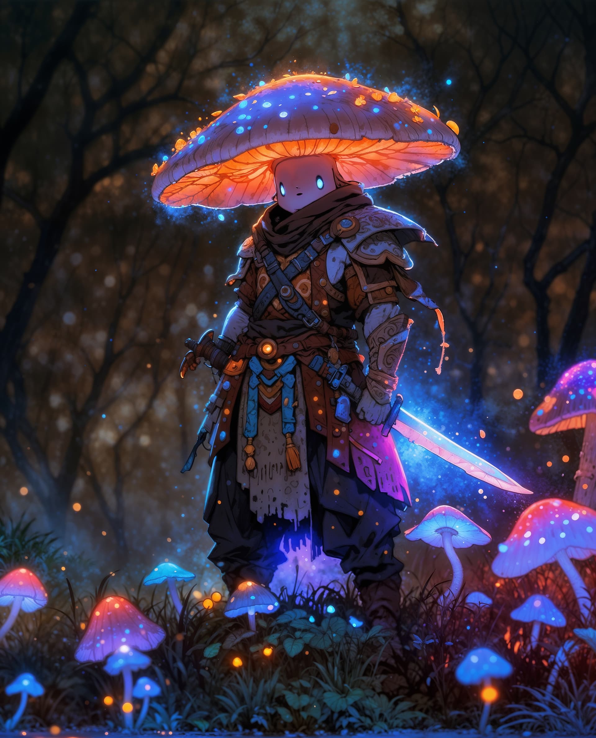 AI generated: a full body photo shot of a beautiful and breathtaking image of a ((mushroom)) warrior wearing a ful...
