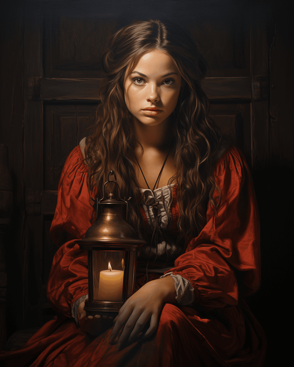 AI generated: An oil painting of girl with candle sitting on old window frame, in the style of light bronze and cr...