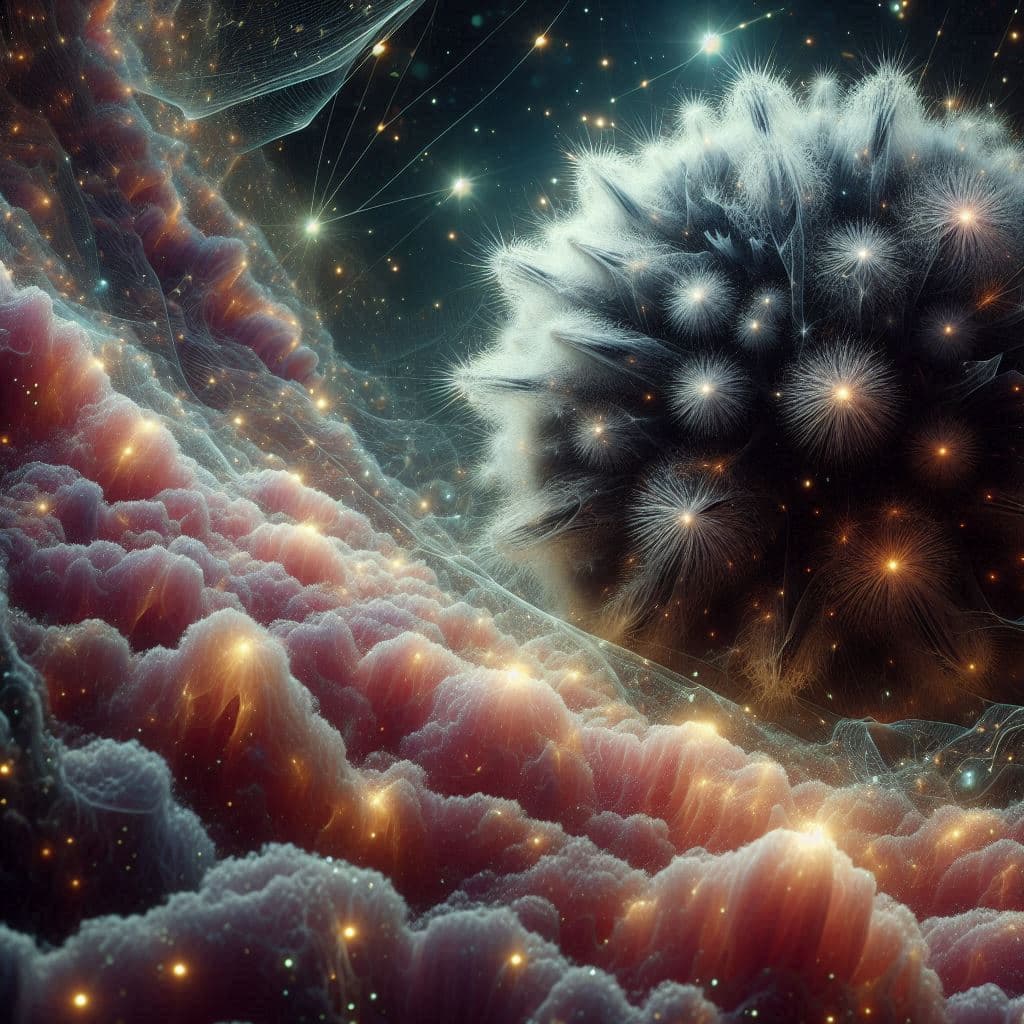 AI generated: Big in the foreground is a dark bio-spaceship made of bioluminescent crust with feathered shapes. In...