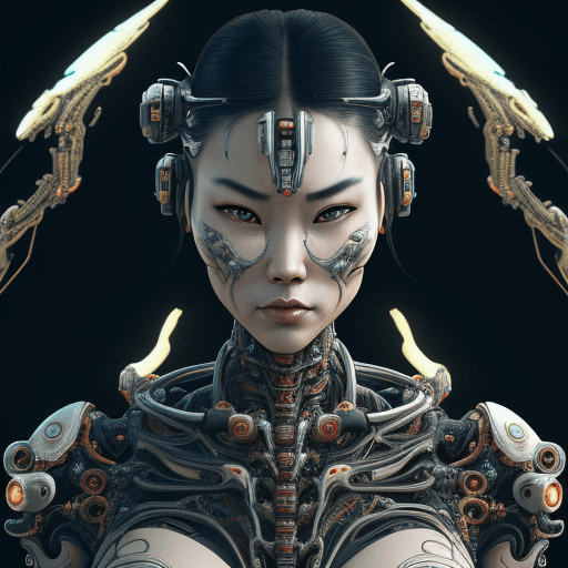 AI generated: a woman, upper body, pretty human face ASIAN, (biomechanical :1) , inflateble shapes, wearing epic b...