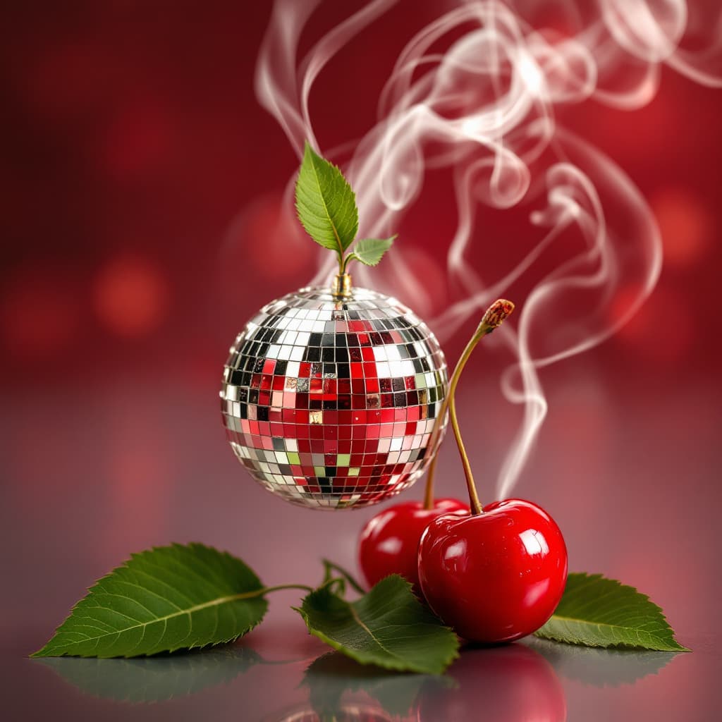 AI generated: glossy metal 2 red disco ball cherries on a connecting steam with leafs