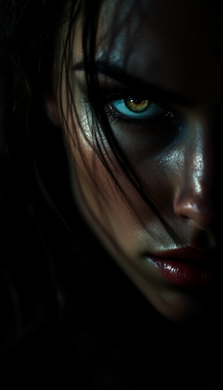AI generated: Fierce woman with intense eyes, 3/4 turn view, dramatic lighting from below casting sharp shadows on...