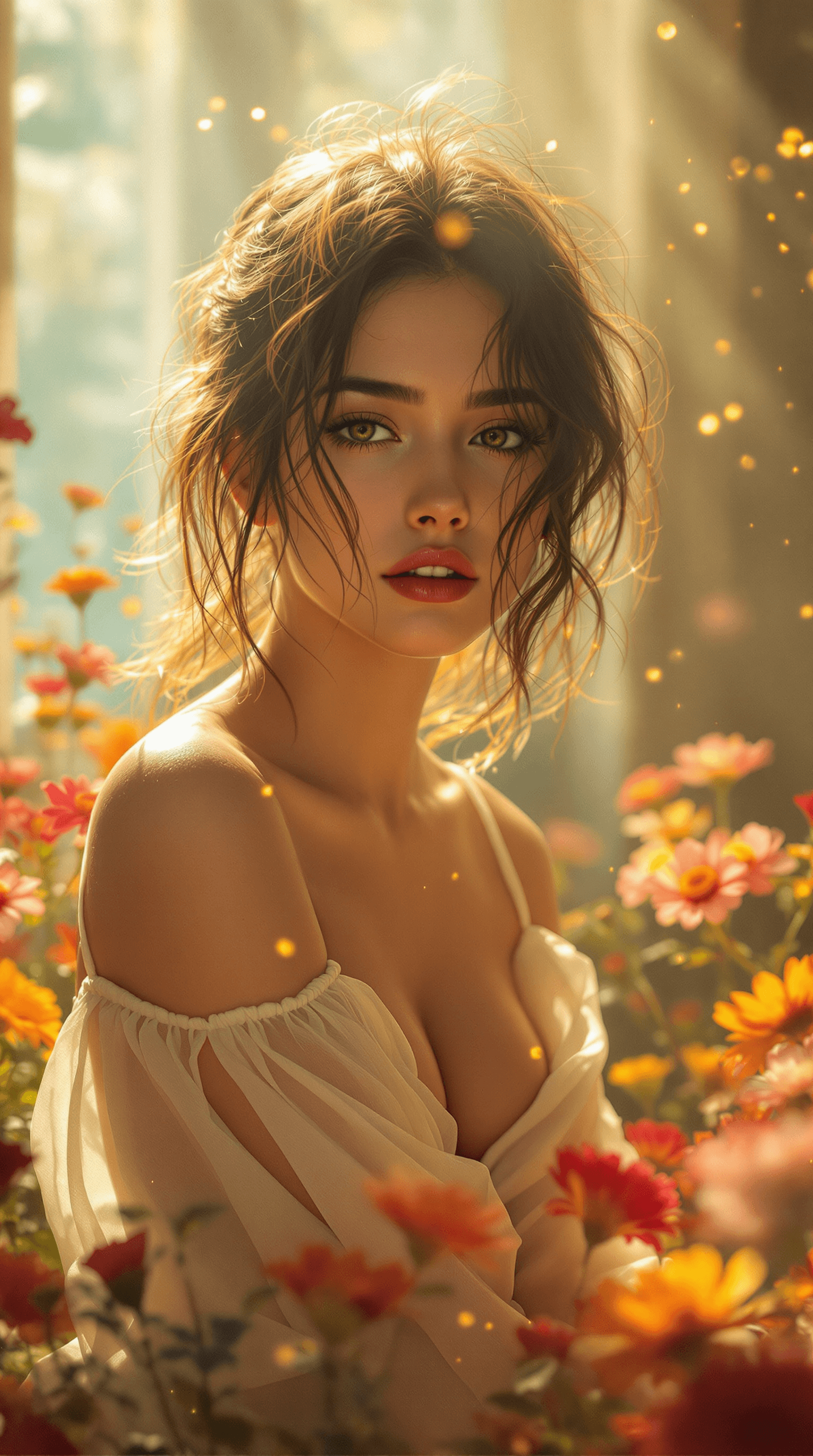 AI generated: a breathtaking portrait of a 22-year-old girl in a serene, dreamlike setting, captured with (backlit...