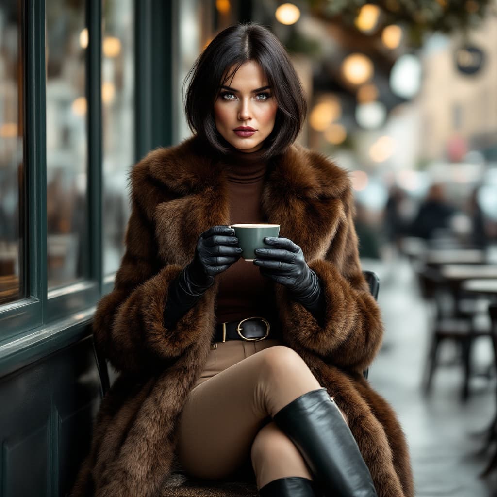AI generated: 45 year old elegant confident caucasian lady with dark hair in a bob cut, blue eyes. Wearing a long ...