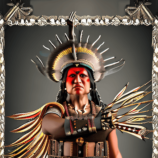 AI generated: female Apache warrior in war dress with war bonnets headdress, holding war axe with stretched out ar...