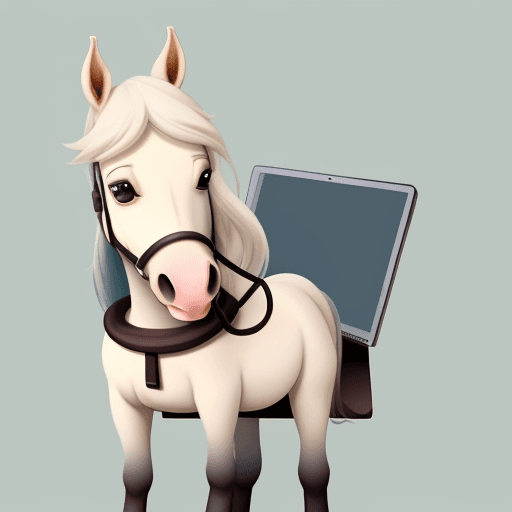 AI generated: a cute horse with innocent wyes ,cartoon like character ,make it cute ,holding laptop and sitting on...