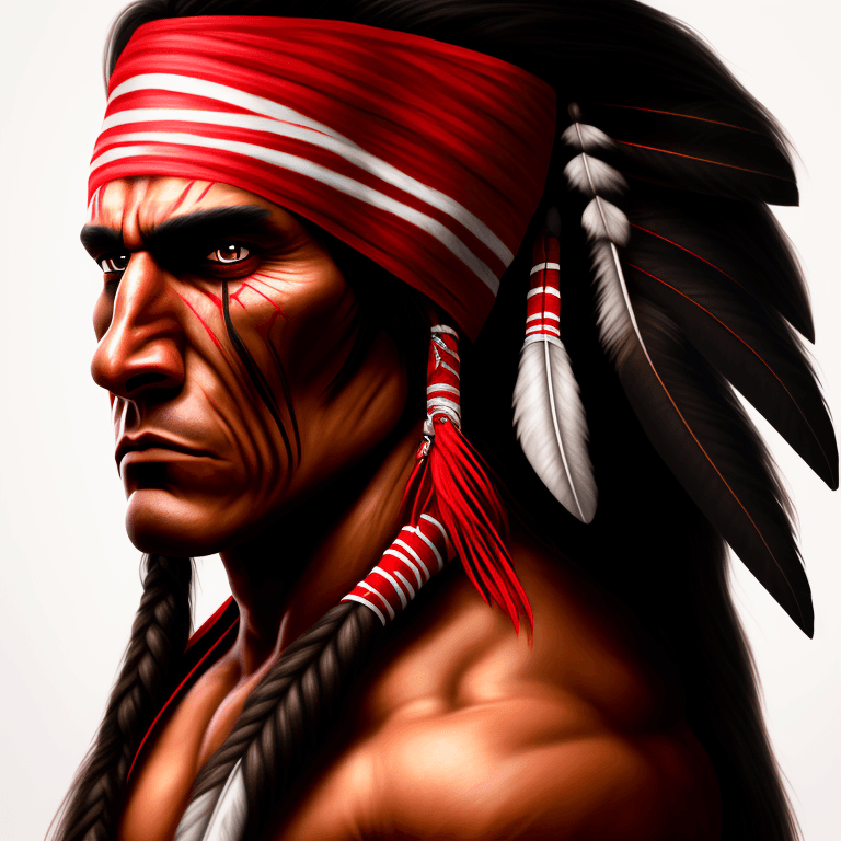 AI generated: dramatic strong native american muscular shape long hair portrait, wearing red bandana insanely deta...