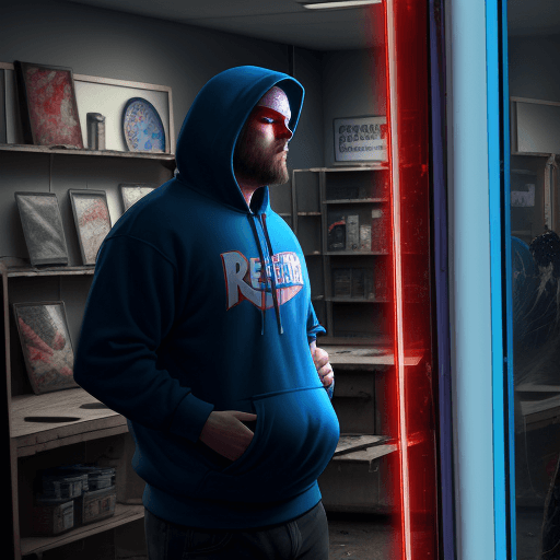 AI generated: refection in a broken store front appliance store of a man 6 foot with beer belly in a hoodie holdin...