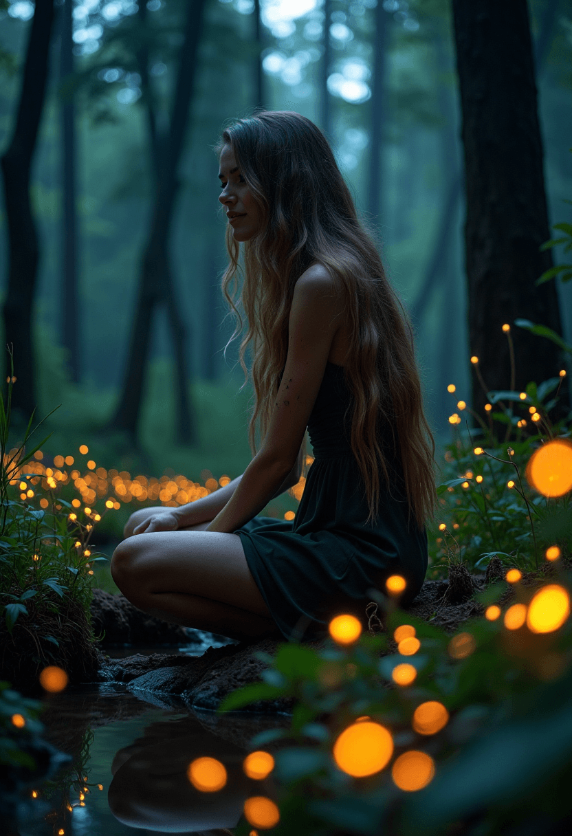 AI generated: Forest witch of stunning beauty sits on the banks of a small forest creek at night. wearing a forest...