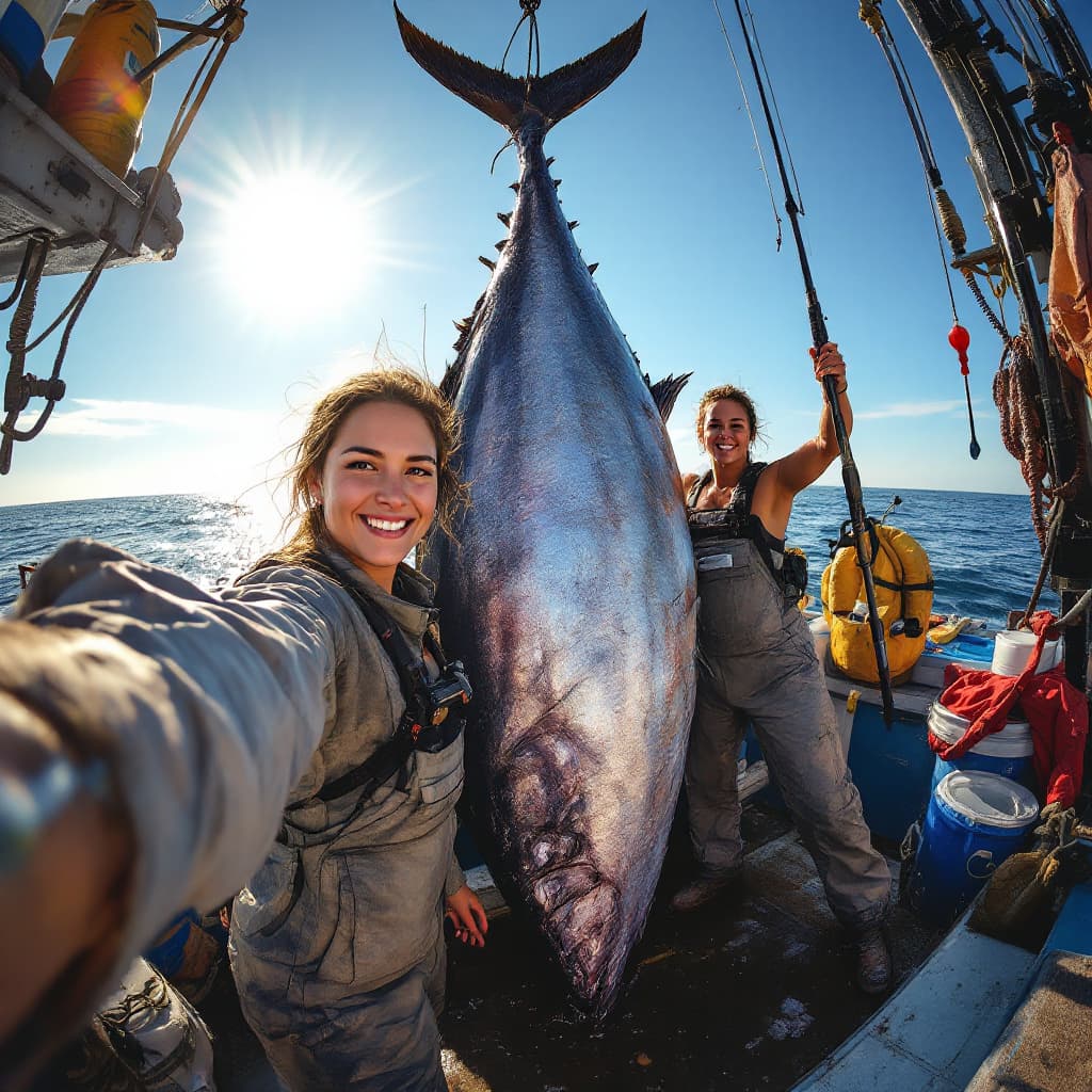 AI generated: A full-length photograph of two female fishermen on a fishing boat with a giant tuna. The giant  tun...