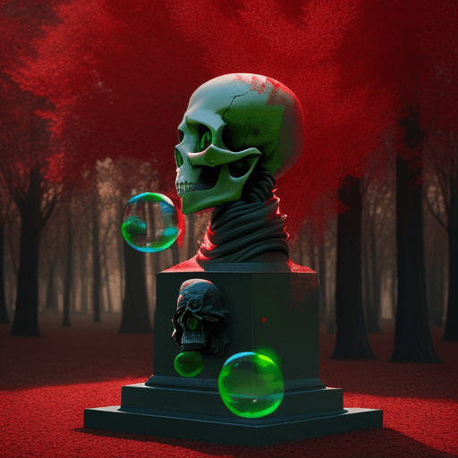 AI generated: skull statue(background) , lots of red trees in forground , a green portrait with left shadows (midg...