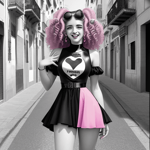 AI generated: Full body of woman smiling in black and white with curly hair, in the style of y2k aesthetic, Spanis...