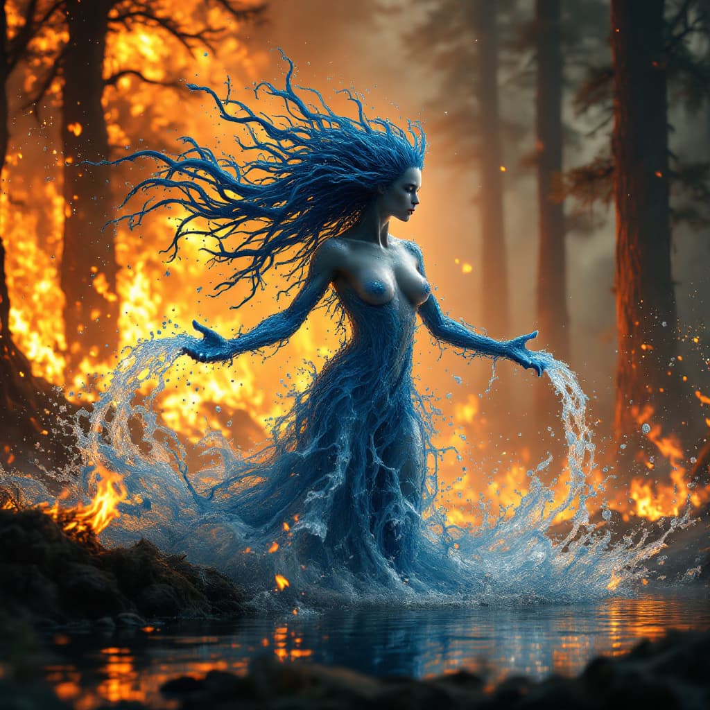 AI generated: elemental being, queen
 of water, realistic water hair, water skin, fighting a huge forest fire, sta...