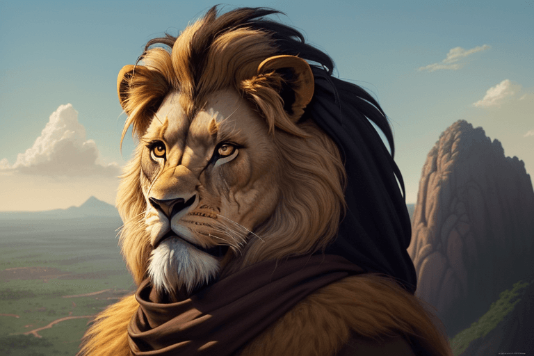 AI generated: "A close-up of the lion father from the movie The Lion King, standing on a mountain top, gazing into...