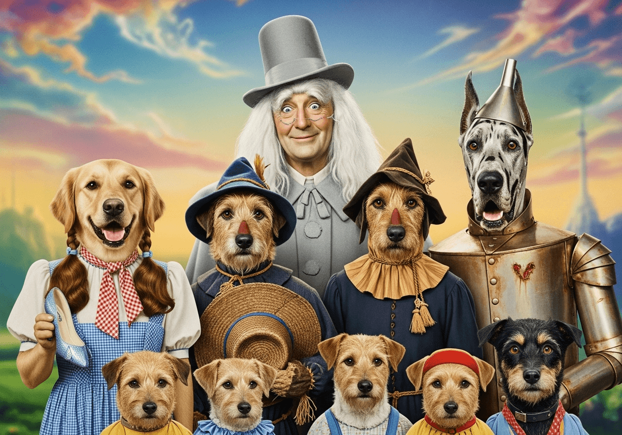 AI generated: Photorealistic, a movie still of the cast of the wizard of oz as dogs, vintage photograph, candid im...