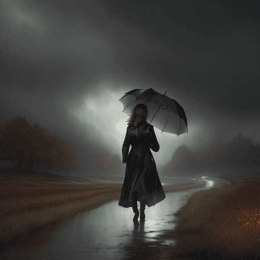 AI generated: Autumm is here. Windy, light rainy, a woman with an umbrella is wandering through the landscape, atm...