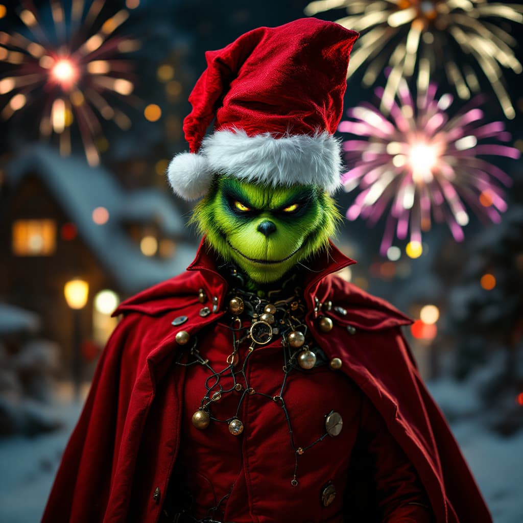 AI generated: hyper real the grinch, in a red santa trench cape coat and hat green and red dark knight costume sui...