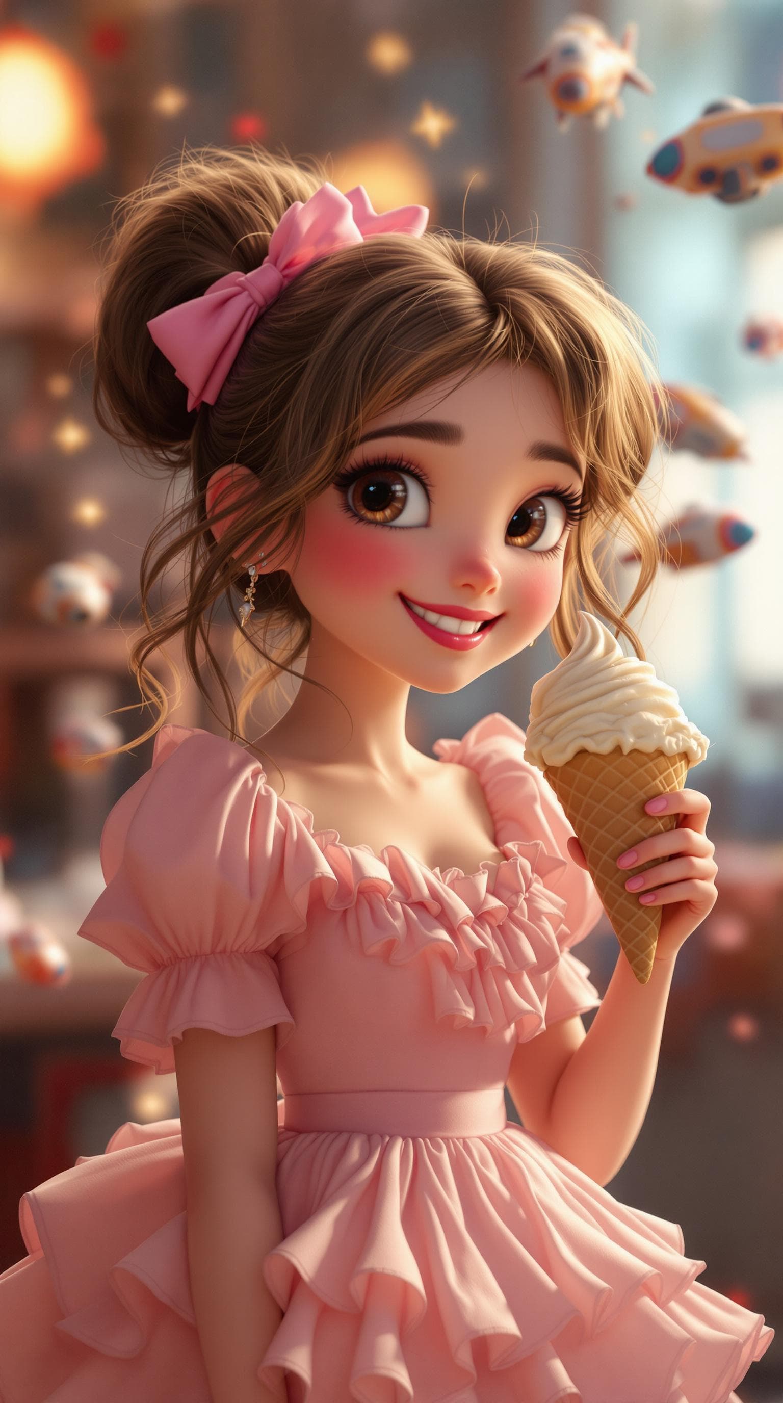 AI generated: cute, adorable, smiling Kaywinnet Lee Frye eating ice cream, wearing a pink ruffle dress like a ball...