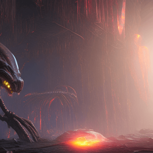 AI generated: Alien monster, biomechanical, (moist translucent flesh:1. 2) (radiant crystal:1. 2) electric plasma,...