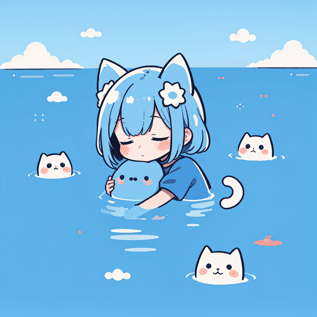 AI generated: best quality,(limited palette,gouache \(medium\):1.1),Sky blue theme,
(solo,chibi:1.2),cat ears,clo...