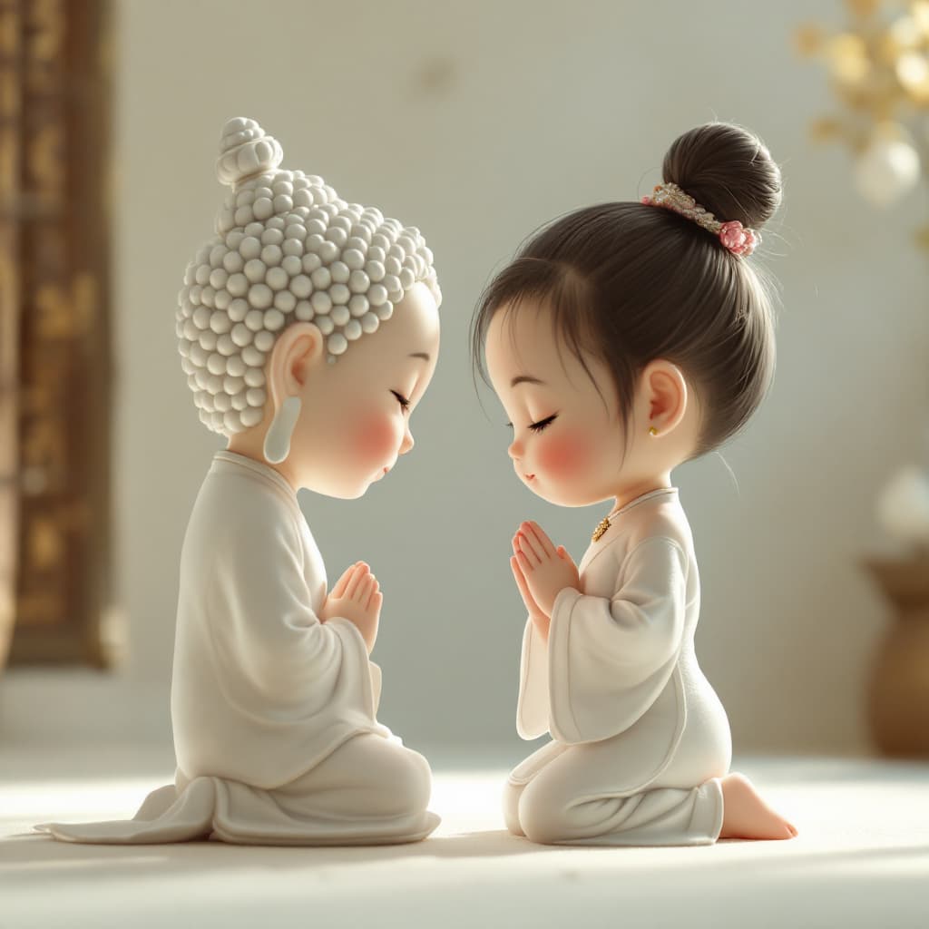 AI generated: whimsical Realistic of Pixar, Bryce 3D, side-view, a kawaii, chubby-cheeked Asian baby girl kneeling...