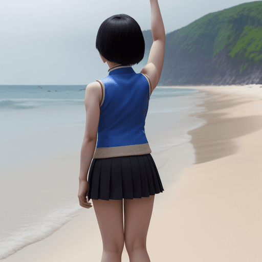 AI generated: Asian woman, full body, wearing a miniskirt, a small vest, with both hands outstretched, on the beac...