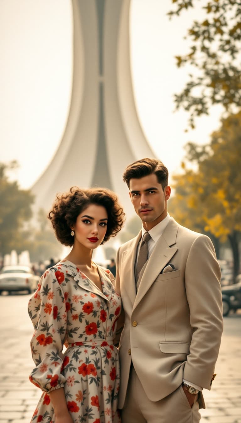AI generated: The young couple from the 1950s stands in the heart of Tehran, with the iconic Azadi Square (formerl...