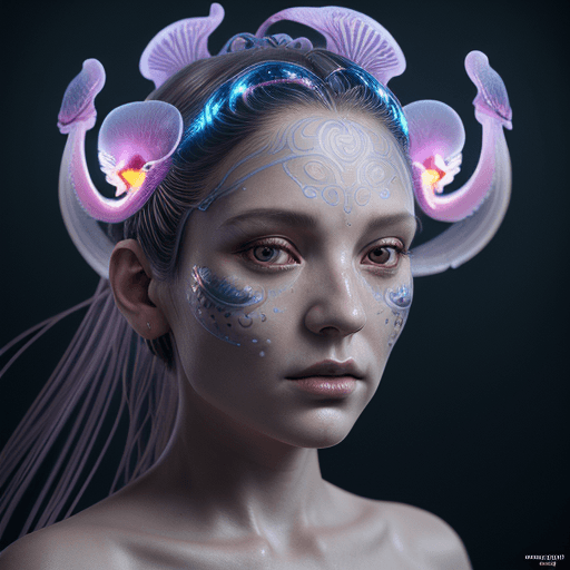 AI generated: Goddess close-up portrait ribcagel. jellyfish phoenix head, nautilus, orchid, skull, betta fish, bio...