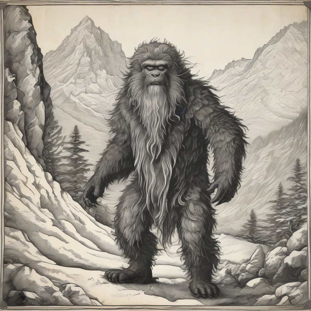 AI generated: A fantasy fantastic Yeti in the Himalayans. Fantasy woodcut as imagined by Albrecht Dürer and Marco ...