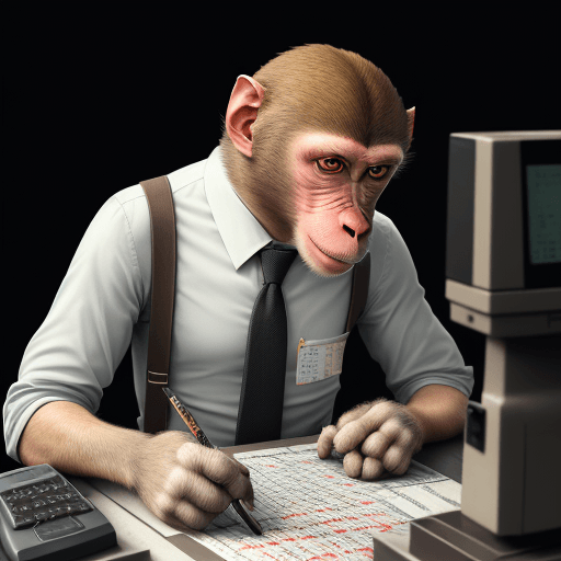 AI generated: Anthropomorphic Rhesus macaque, doing calculations with a Hispano Olivetti Model Multisuma 20 calcul...