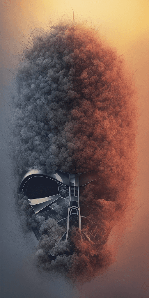 AI generated: Nature exploding out a Darth Vader Helmet , trees, flowers, mountain, sunset, nature mind, expressiv...