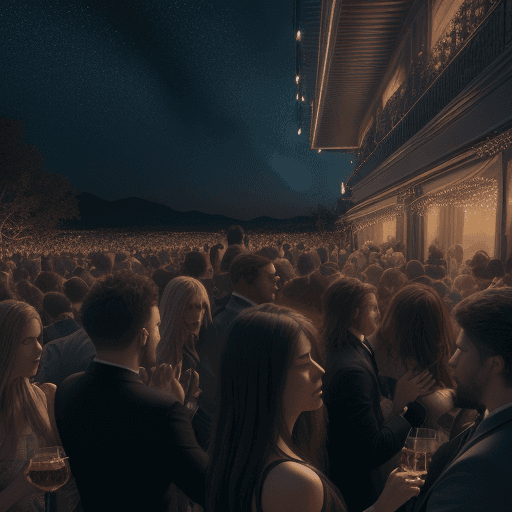 AI generated: Hyper realistic level exterior photo of a person bored on a party , night, a lot of people, big part...