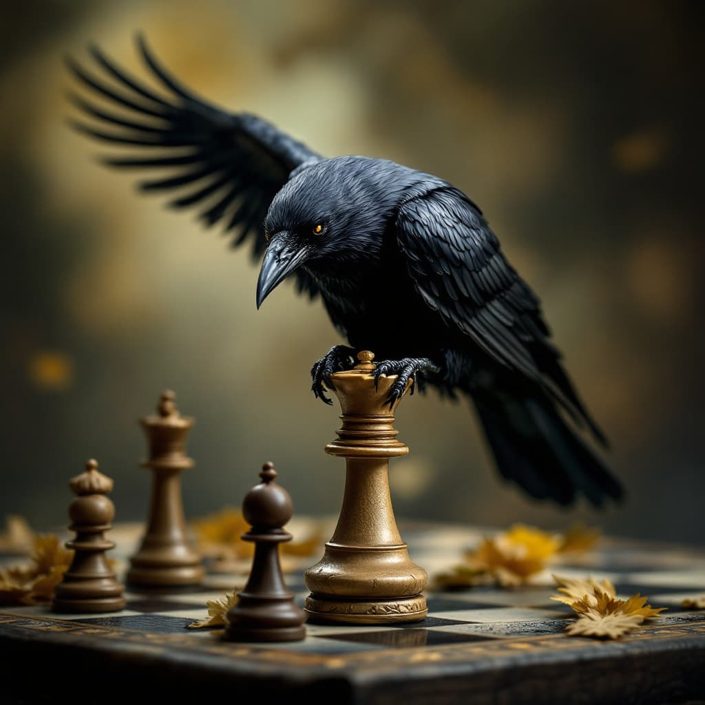 AI generated: cursing noble crow,on top of quinn chess figure