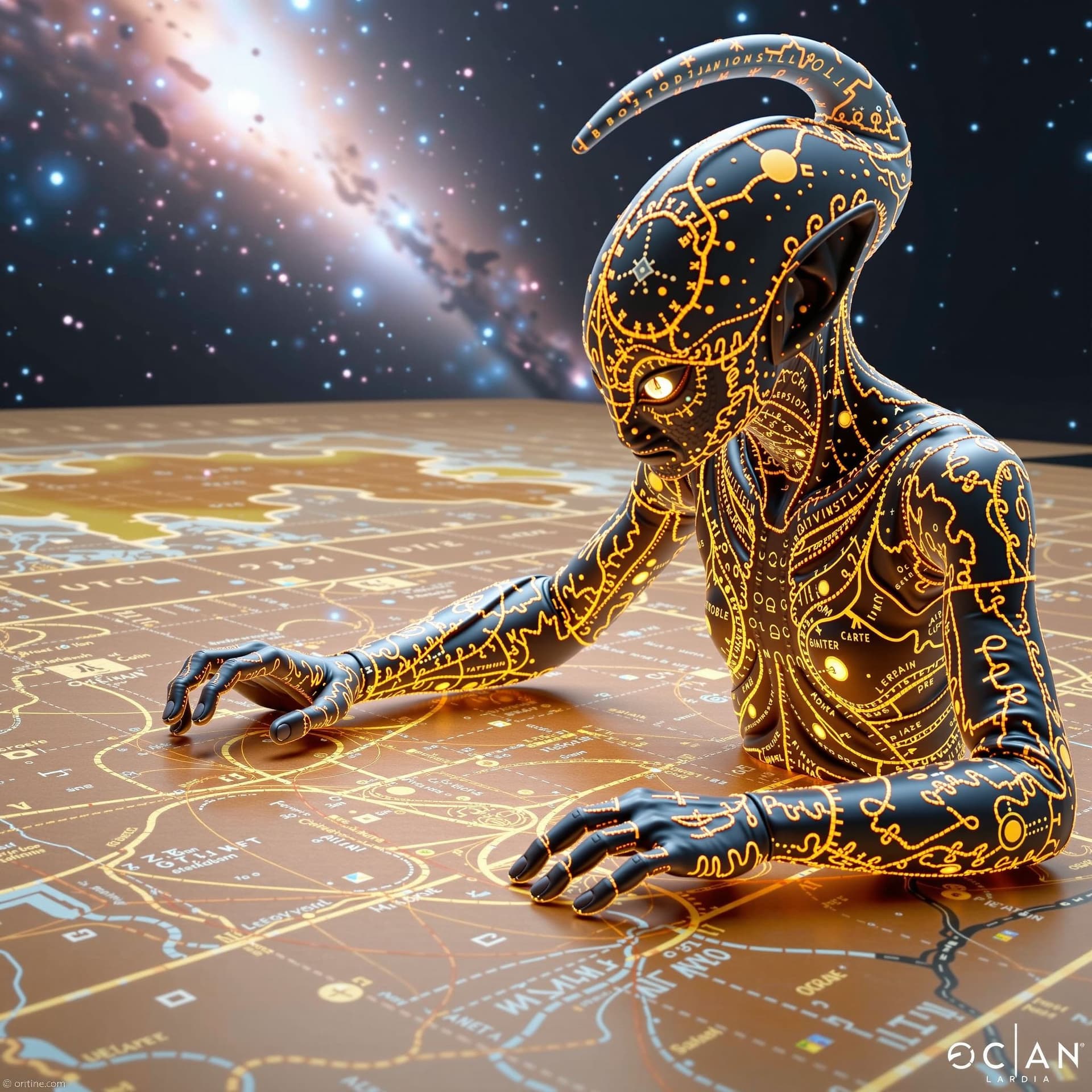 AI generated: Enigmatic alien cartographer, bio-luminescent skin covered in celestial maps, meticulously charting ...
