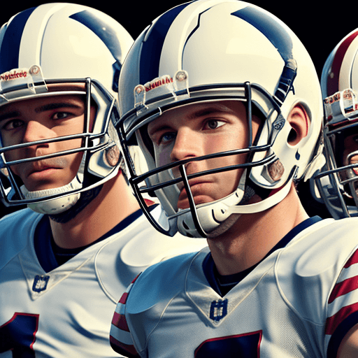AI generated: panoramic image of American football players, wearing white helmets, looking straight into the camer...