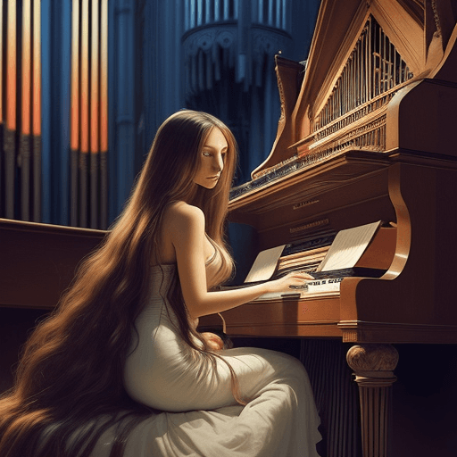 AI generated: A stunning woman with long, flowing hair sits at the organ, her fingers dancing across the keys as s...